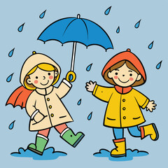 Happy Children in Raincoats and Umbrellas A Joyful Rainy Day Doodle Illustration