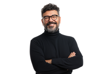  man with glasses smiling confidently with his arms crossed isolated on white background