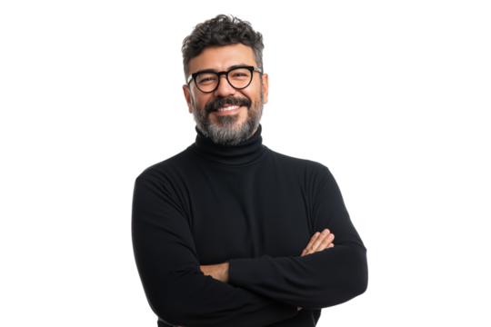  man with glasses smiling confidently with his arms crossed isolated on white background