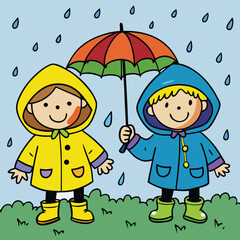 Happy Children in Raincoats and Umbrellas A Delightful Rainy Day Doodle