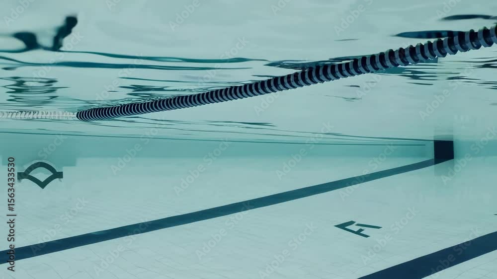 Poster Ripples and reflections create mesmerizing patterns on the turquoise water surface, providing a serene backdrop to the lane ropes and markings on the pool floor