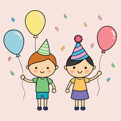 Adorable Little Doodle Kids with Balloons and Birthday Hats - Festive Illustration
