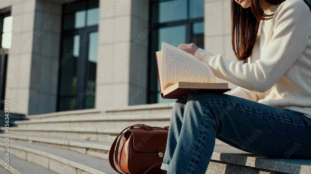 Poster female student reading textbook while sitting on university steps, basking in warm afternoon sunligh
