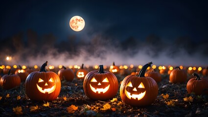 Spooky Haunted Forest at Night with Glowing Jack-o’-Lanterns and Foggy Atmosphere