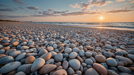 Serene pebble beach at sunset with calm waves
