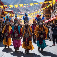 Colorful Ladakh Festival procession with masked dancers, music, and cheering tourists.