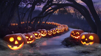 Spooky Haunted Forest at Night with Glowing Jack-o’-Lanterns and Foggy Atmosphere