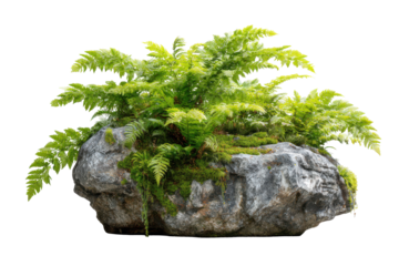 Lush Green Ferns on Grey Rock Nature Scene isolated on a transparent background