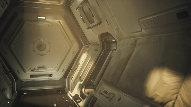 The interior of a space station module features sleek walls and ambient light, showcasing the advanced design used for living and working in outer space during scientific research.