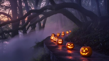 Spooky Haunted Forest at Night with Glowing Jack-o’-Lanterns and Foggy Atmosphere
