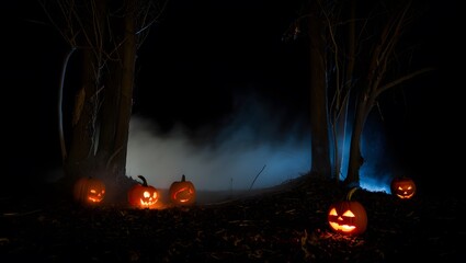 Spooky Haunted Forest at Night with Glowing Jack-o’-Lanterns and Foggy Atmosphere