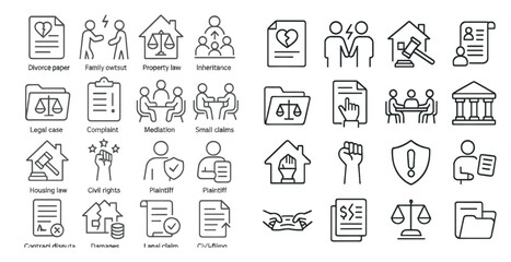 Set of icons for legal matters. The icons include a house, a person holding a sign, a person holding a gavel, a person holding a book, a person holding a pen, a person holding a clipboard
