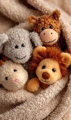 Adorable Plush Lion Lamb Monkey and Giraffe Toys in Beige Blanket