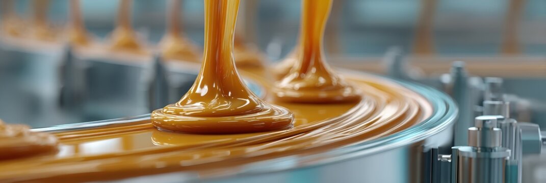 Liquid caramel flows smoothly on a conveyor belt in a factory setting during the production process