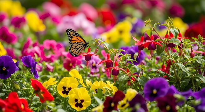 Monarch butterfly in colorful flower garden, Spring garden with butterfly perched on fuchsia flower