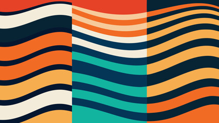 Abstract wavy pattern with retro color blocks and curved lines in orange, teal, navy and cream tones