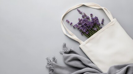  Flat lay top view of white blank tote bag with lavender flowers and grey scarf on neutral background, minimalist fashion mockup.