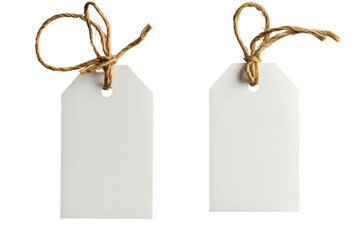 Two blank gift tags tied with twine ready for text, isolated on a transparent background