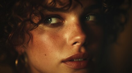 Close Up Portrait of a Woman with Curly Hair and Glitter