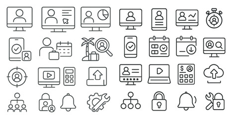 Collection of icons for various computer and mobile devices. The icons include a calendar, a laptop, a keyboard, a mouse, a cell phone, a tablet, a computer monitor, a keyboard, a mouse, a laptop