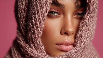 Close Up Portrait of Woman with Glitter Makeup and Pink Knit Headscarf