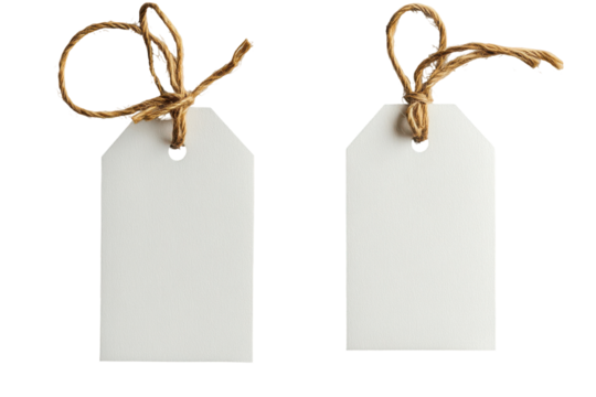 Two blank gift tags tied with twine ready for text, isolated on a transparent background