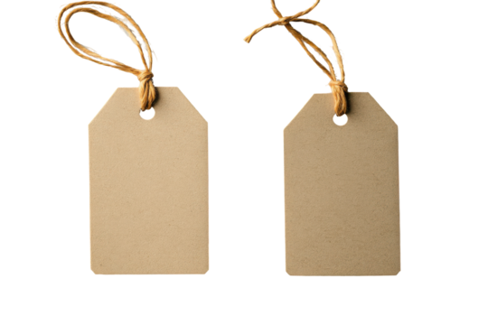 Two blank beige tags with twine isolated on black background isolated on a transparent background