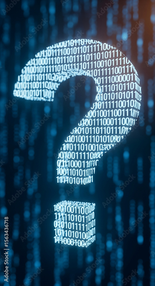 Poster Binary code forms a question mark, set against a blurred background of similar code, symbolizing digital inquiry or problem-solving