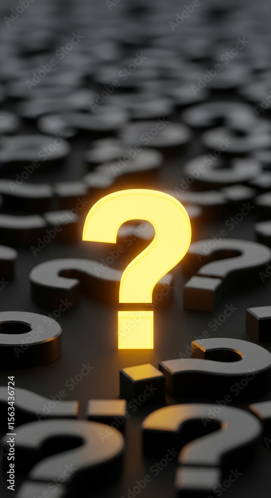 Poster Glowing yellow question mark stands out among many dark grey question marks, symbolizing the search for answers or unique solutions