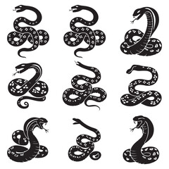 Obraz premium High Quality Snake Silhouette Vector Collection Bold and Striking Reptile Illustrations for Tattoo Art, Branding Projects, T-Shirt Prints, Jungle Wildlife Themes and Horror or Tribal Design Concepts.