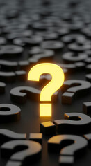 Glowing yellow question mark stands out among many dark grey question marks, symbolizing the search for answers or unique solutions