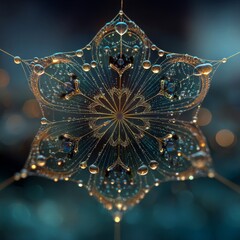 Intricate Dew-Covered Spiderweb: Teal and Gold Macro Photography