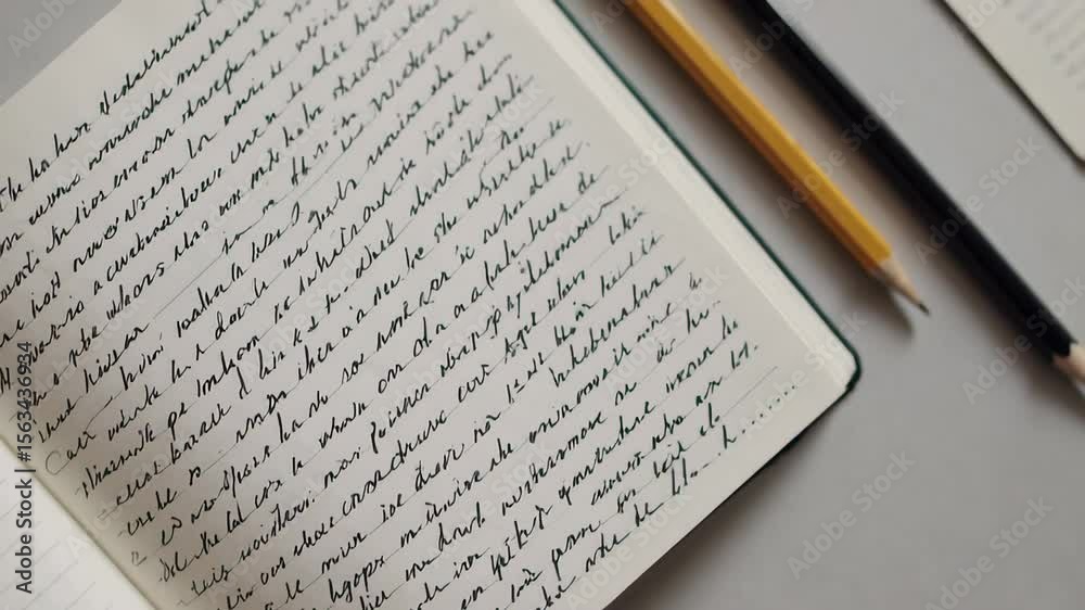 Poster handwritten notes covering notebook pages with yellow and black pencils lying nearby, positioned on 