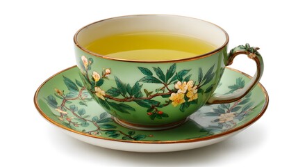 A green teacup with floral design filled with tea on a white background.
