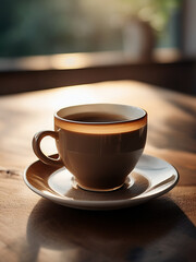 A single coffee cup in focus with warm lighting and peaceful ambiance, perfect for food photography
