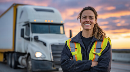 Young woman truck driver stands proudly in front of her semi truck parked on highway shoulder, sunset sky ablaze with colors, reflective vest glowing, heavy cargo trailer stretchin
