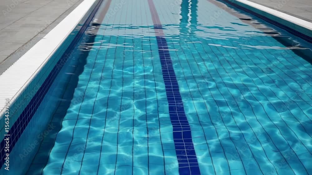 Poster Concentric water ripples spreading across swimming pool lane, revealing mesmerizing dynamic patterns of liquid surface movement in soft blue tones
