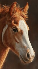 Beautiful chestnut horse with distinct markings posing against a neutral background in natural lighting