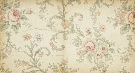 Fototapeta premium Antique floral wallpaper with vintage roses and delicate floral accents in soft pastel colors