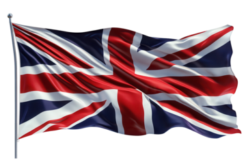 Waving UK flag British flag national symbol patriotism red white blue Union Jack isolated on a transparent background