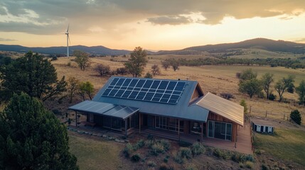 Obraz premium Renewable Energy Hybrid Systems with Solar Panels and Wind Turbine