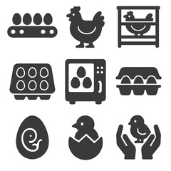 Fototapeta premium Chicken Egg Production. Solid vector icons of chicken and egg production: egg conveyor belt, broiler chicken icon, layer cage, egg