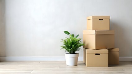 A stack of cardboard boxes and a potted fern sit against a white wall in a bright room, suggesting a recent move or relocation