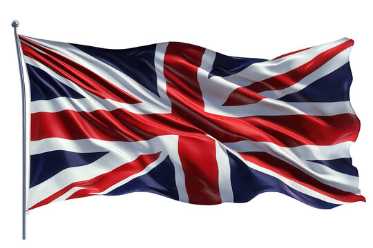 Waving UK flag British flag national symbol patriotism red white blue Union Jack isolated on a transparent background