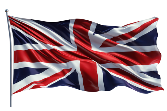 Waving UK flag British flag national symbol patriotism red white blue Union Jack isolated on a transparent background