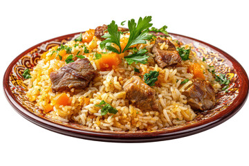 Delicious Lamb Plov Rice Dish with Carrots and Parsley isolated on a transparent background