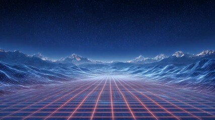 Retro futuristic landscape with neon grid and mountains under a starry sky aesthetic - Powered by Adobe