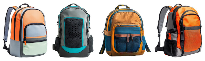 Fototapeta premium Set of stylish backpacks for outdoor adventures and daily use, isolated on transparent background, Cutout PNG