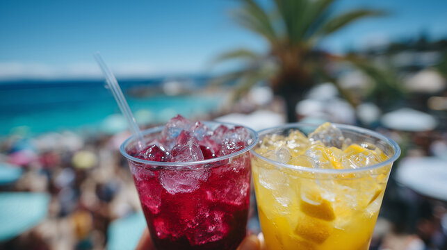 Close-up on two colorful summer beverages in hand, vibrant pink and sunny yellow, plastic cups with straws and ice, blurred beach and turquoise water behind, evoking fun and refres