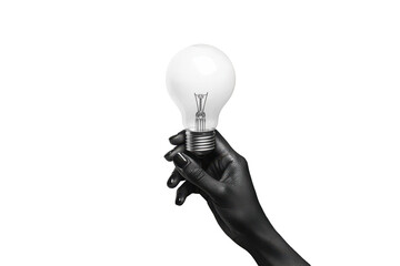 Black hand holding lightbulb idea innovation bright future isolated on a transparent background